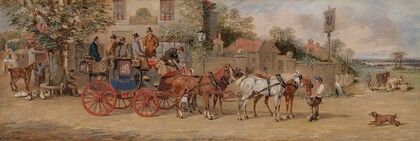 The London-Dover mail coach halting for refreshments outside an Inn