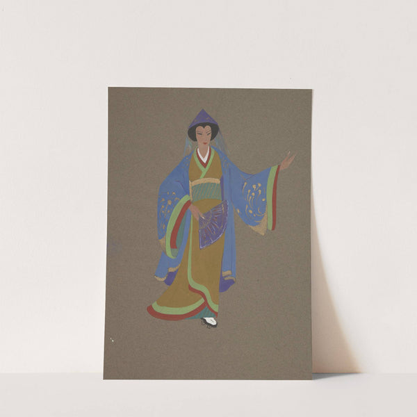 The Mikado: Orange kimono with green and red edges tied with a green striped obi (1934-1943) by Maxine Borowsky