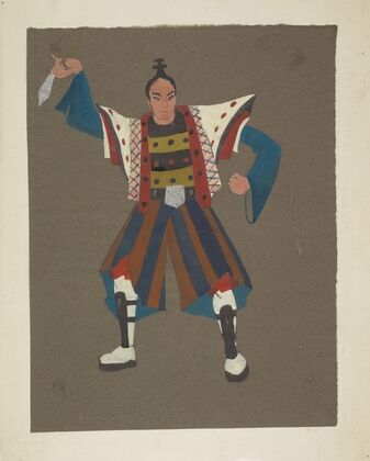The Mikado: Yellow and black striped top covered by white and red coat with flowing blue sleeves (1934-1943)