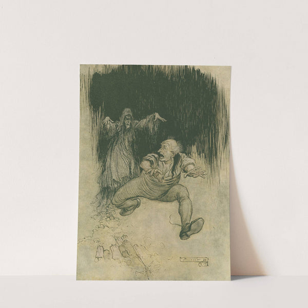 The moment her shadowy form met his view he…made one grasshopper spring to the door–and was gone! (1911) by Arthur Rackham