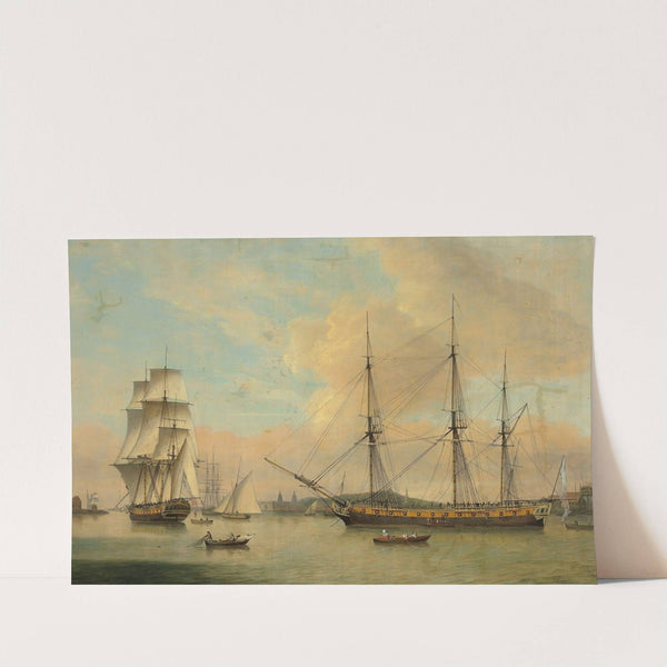 The Monsieur in two positions off Deptford dockyard, with Greenwich beyond by Thomas Luny