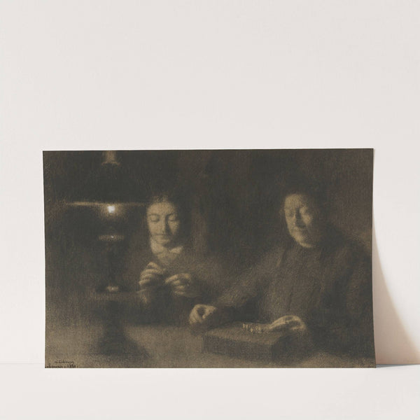 The Mother and Wife of the Artist Sewing by Lamplight (La mère et la femme de l’artiste cousant à la lumière d’une lampe) (1880) by Albert Lebourg