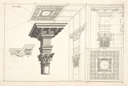 The optick projection of a Corinthian cornice, with the capital and part of the column.