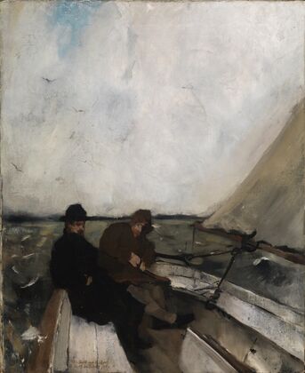 The painters Leibl and Sperl in a sailing boat