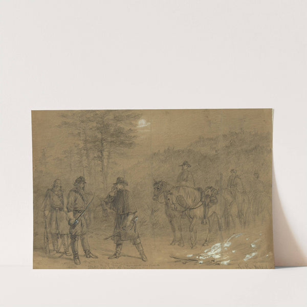 The picket guard. 'Who goes there' 'Friends.' 'Dismount one friend, advance and give the countersign' by Alfred Rudolph Waud