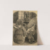 The pixie stands and laughs malicious of the cat that is standing on a barrel and has been cheated by Theodor Kittelsen