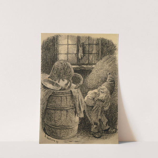 The pixie stands and laughs malicious of the cat that is standing on a barrel and has been cheated by Theodor Kittelsen