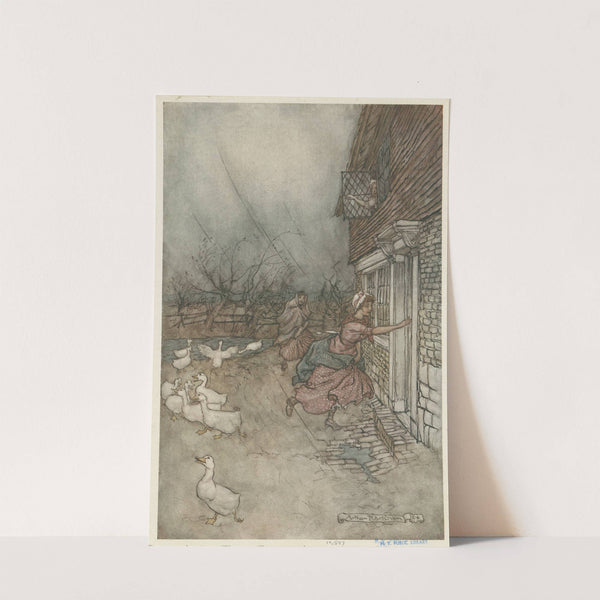 ‘The rain always made a point of setting in just as he had some outdoor work to do’ (1905) by Arthur Rackham