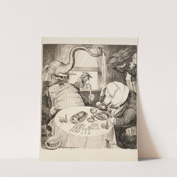The Republican Party elephant and a pig representing the Trusts (including steel, copper, sugar, and oil) eat a fancy feast served to them by Uncle Sam (1901) by William Henry Walker