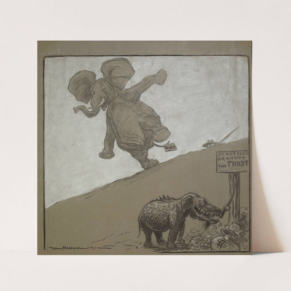 The Republican Party elephant reacts in fear to a part reptile, part elephant creature (1902) by William Henry Walker