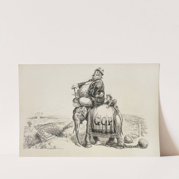 The Republican Party elephant struggling to walk towards Washington in 1904, with weights representing Cuba and high tariffs tied to its ankles (1902) by William Henry Walker