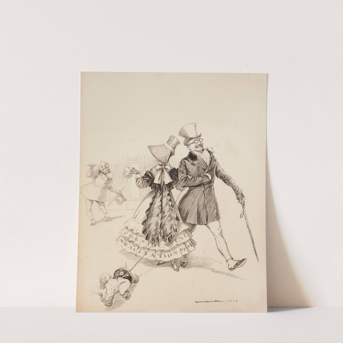The Republican presidential nomination for 1904, depicted as a woman, walks with Theodore Roosevelt but flirts with Senator Hanna (1904) by William Henry Walker