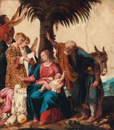 The Rest during the flight into Egypt, with a Deacon and three Angels