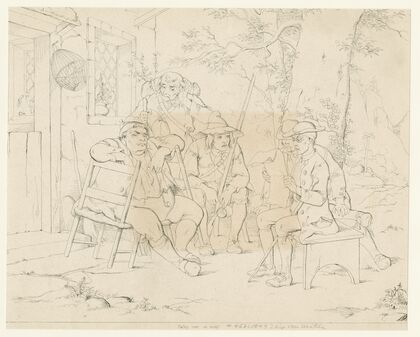 The schoolmaster reads from an old newspaper to the village sages assembled before the inn (1849)