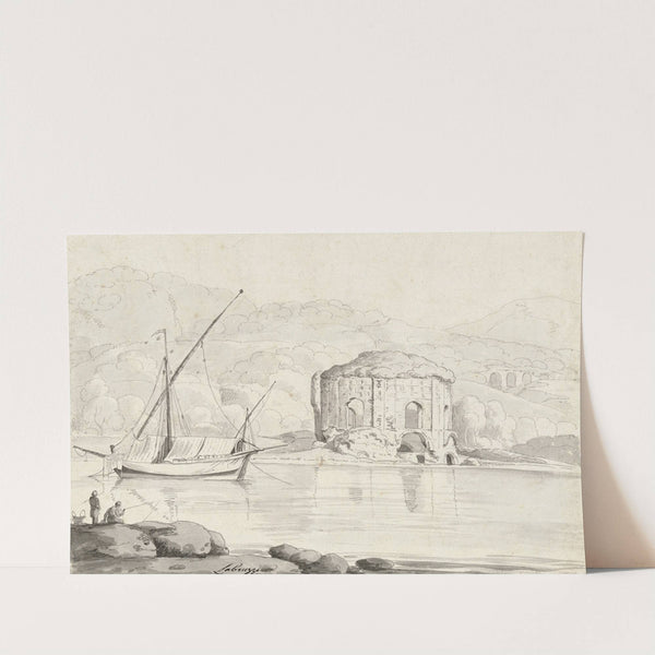 The so-called Temple of Venus at Baiae, with a boat and two fishermen in the foreground by Carlo Labruzzi