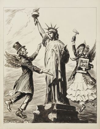 The Statue of Liberty is attacked by a man representing Prohibition and a woman representing Blue Laws. (1921) — size preview