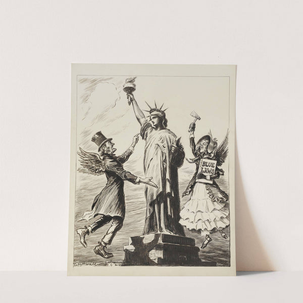 The Statue of Liberty is attacked by a man representing Prohibition and a woman representing Blue Laws. (1921) by William Henry Walker