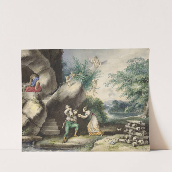 The tempest, III, 1, Miranda; ‘If you’ll sit down, I’ll bear your logs the while, pray give me that, I’ll carry’t to the pile’ (1830) by Johann Heinrich Ramberg