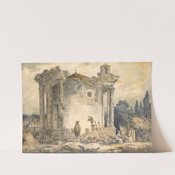 The Temple Of The Sibyl At Tivoli, A Man In A Cloak And Hat Standing On The Steps, A Group Of Monks To The Right by Hubert Robert