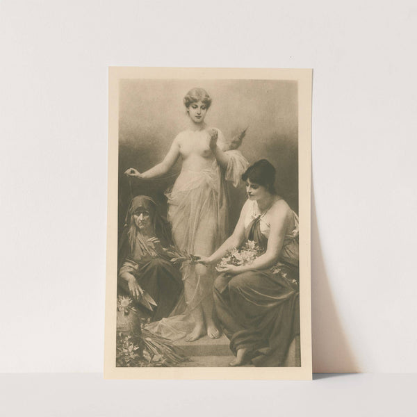 The Three Fates with flowers, thread and shears (1901) by Paul Thumann