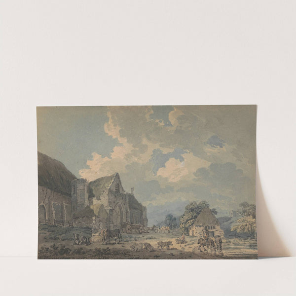 The Tithe Barn at Abbotsbury with the Abbey on the hill... by Thomas Girtin