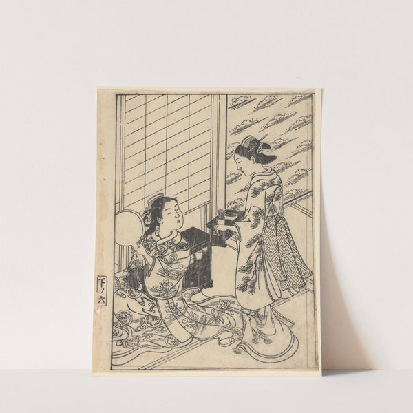 The Toilet, Woman with Mirror Attendant Bringing Tray (18th century) by Sukenobu Ishigawa