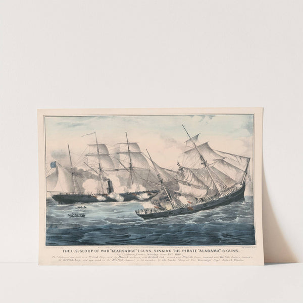 The U.S. sloop of war ‘Kearsarge’ 7 guns, sinking the pirate ‘Alabama’ 8 guns; off Cherbourg, France, Sunday June 19th. 1864 (1864) by Currier & Ives.