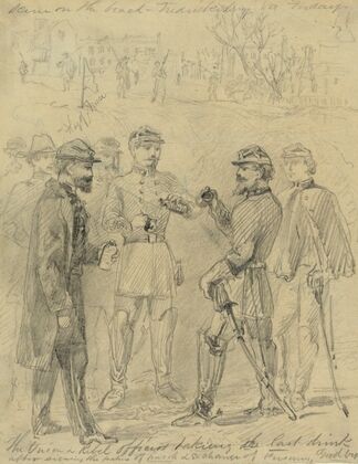 The Union & rebel officers taking the last drink after signing the papers of parole & exchange of prisoners, goodbye