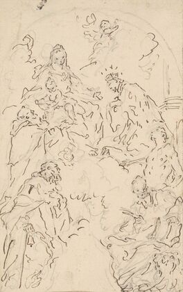 The Virgin and Child Enthroned on a Cloud, with Saints Dominic, John Nepomuk, Sebastian, Mark, and Anthony Abbot