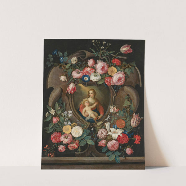 The Virgin and Child in a sculpted cartouche, surrounded by garlands of flowers by Jan Van Kessel The Elder