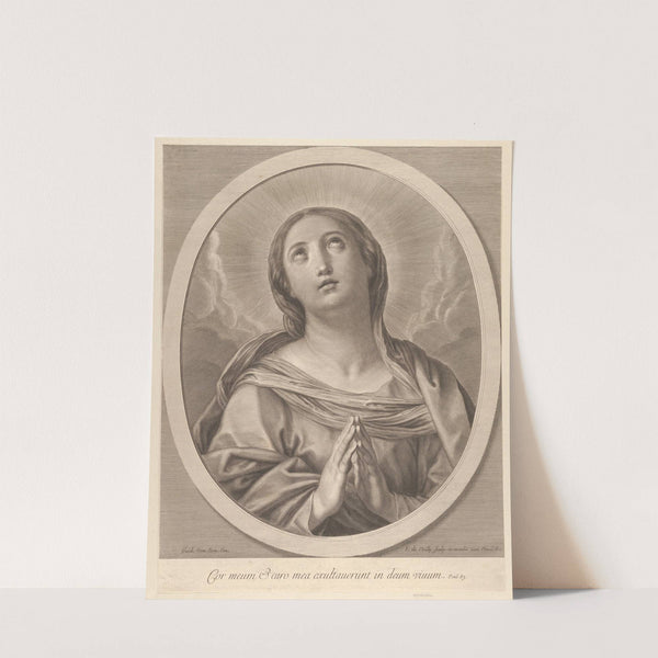 The Virgin in prayer, looking up with clouds behind her, in an oval frame, after Reni by Francois de Poilly