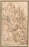 The Virgin with Female Attendant Appearing to Four Male Saints