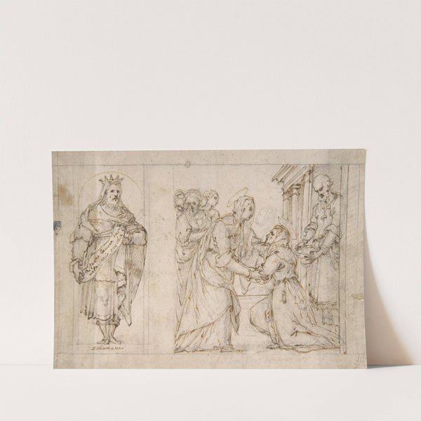 The Visitation of the Virgin to Saint Elizabeth; King Solomon in a Niche at Left. by Carlo Urbino