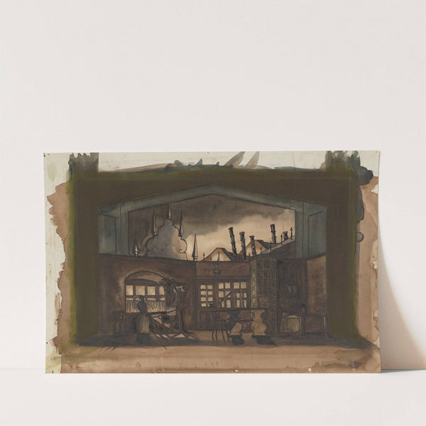The Weavers: Sketch no. 7 (Weaving Shop and Domestic Interior against City Rooftops, Color) (1934-1943) by Frederick Stover