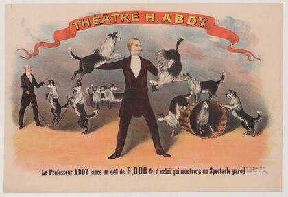 Théatre H. Abdy le professeur Abdy lance un défi de 5,000 fr. à celui qui montrera un spectacle pareil chiens savants (1897)