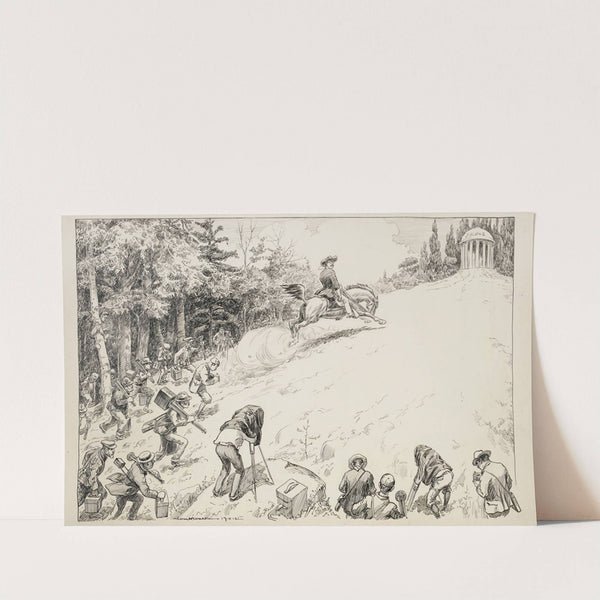 Theodore Roosevelt charges up a hill towards a building representing fame with a group of photographers following him instead of an army. (1902) by William Henry Walker