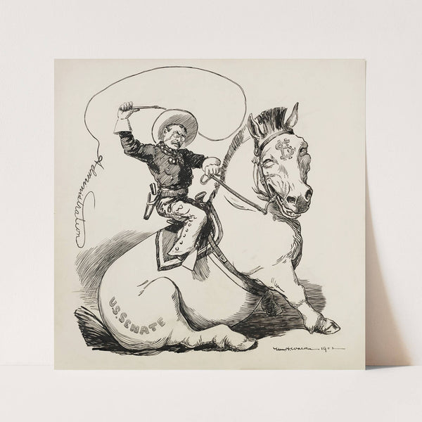 Theodore Roosevelt, depicted as a cowboy, tries to ride a horse representing the Senate but it sits down. (1902) by William Henry Walker