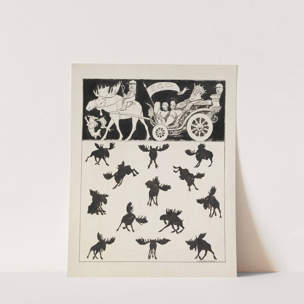 Theodore Roosevelt riding a bull moose that pulls a carriage (1912) by William Henry Walker