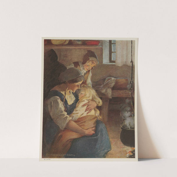 There sat his mother by the fire, and in her arms lay the prmcess fast asleep by Jessie Willcox Smith