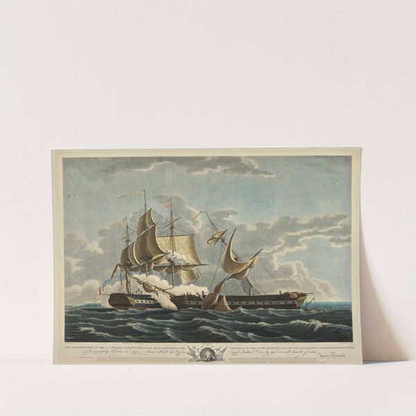 This representation of the U.S. Frigate Constitution, Isaac Hull, Esquire Commander, Capturing His Britannic Majesty’s Frigate. (1813) by Cornelius Tiebout