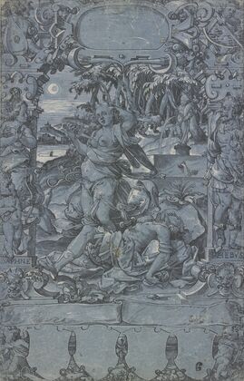Thisbe an der Leiche des Pyramus, in der Rahmung links Daphne mit dem Amorknaben, rechts Apollo, vom Pfeile Amors getroffen, oben und unten Putten