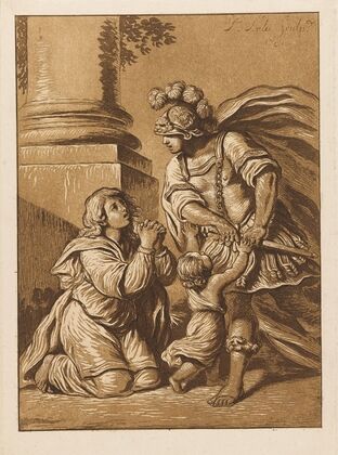 Threatening soldier with pleading wife and child (1781)