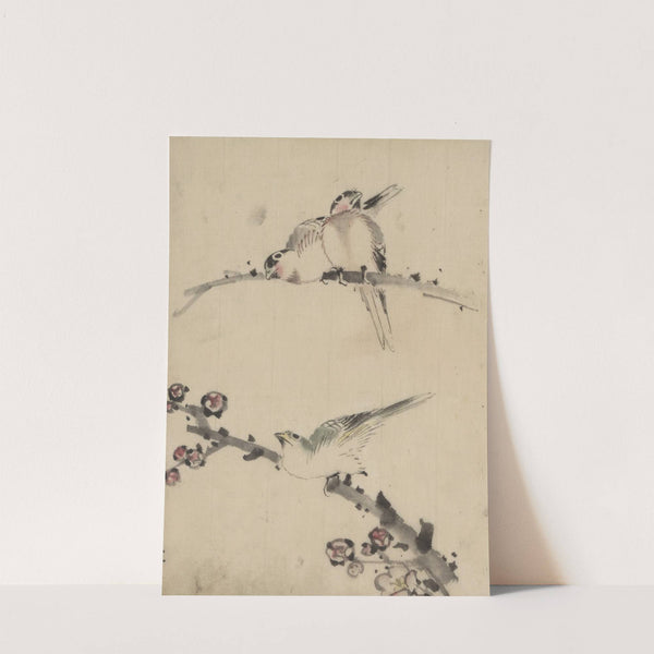 Three birds perched on branches, one with blossoms by Katsushika Hokusai