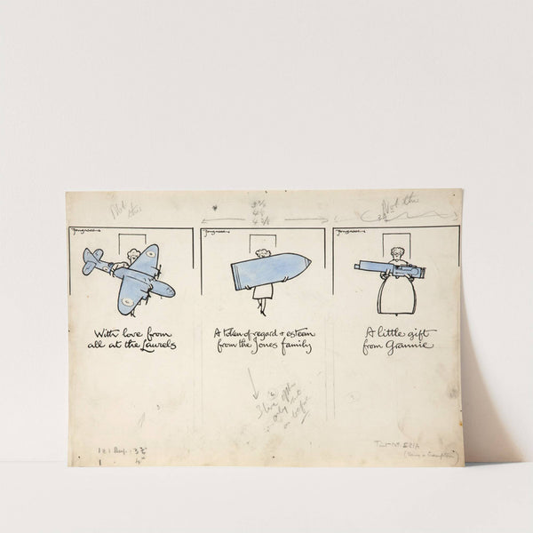 Three cartoon figures of women carrying an aeroplane, a shell and a machine gun by Cyril Kenneth Bird (Fougasse)