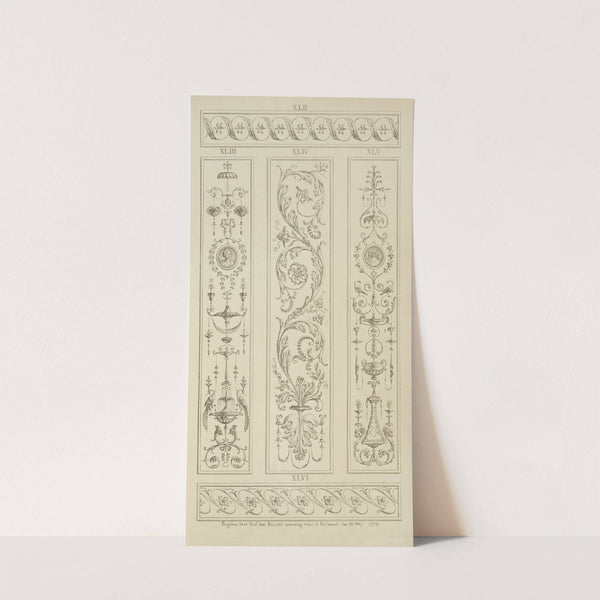 Three central vertical ornamental designs of vegetal shapes and leaves. by Michael Angelo Pergolesi
