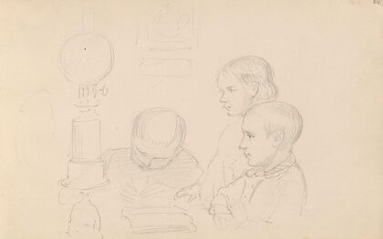 Three children by a kerosene lamp (between 1855 and 1857)