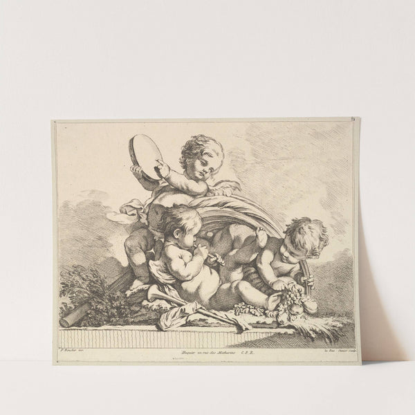 Three Cupids, Two Playing Music, One Holding Palm Leaves (After F. Boucher) by Louis-Felix de La Rue