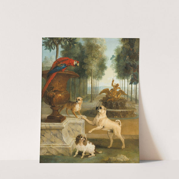 Three Dogs And A Macaw In A Park by Jean-Baptiste Oudry