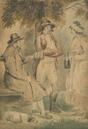 Three figures and a dog
