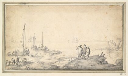 Three Figures on a Dune Overlooking Bay with Ships